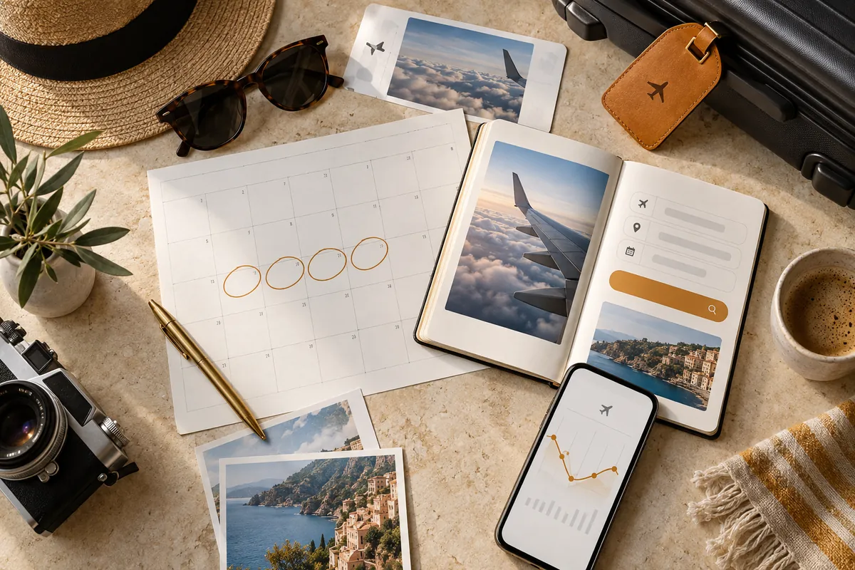 Calendrier, carnet et courbe de prix préparés pour comparer plusieurs dates de voyage