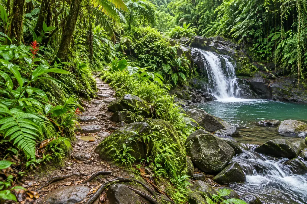 Sentier forestier et cascade en Guadeloupe