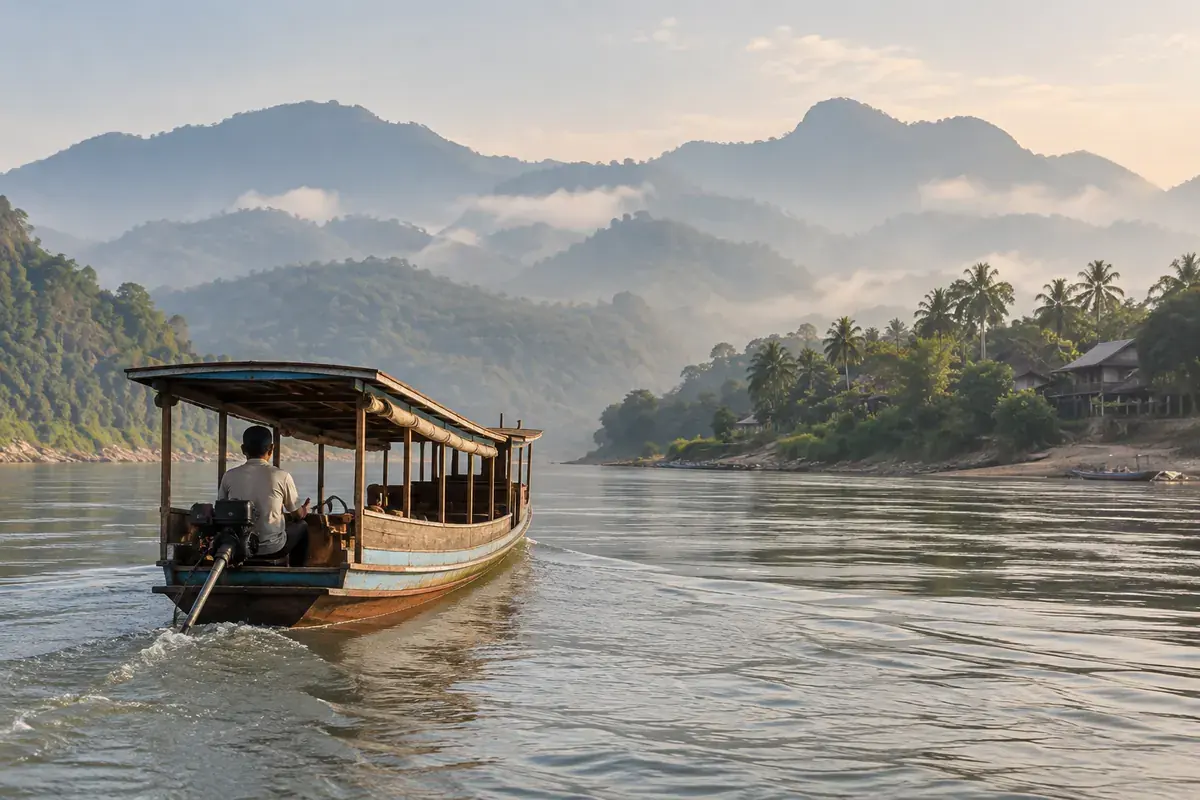 Bateau sur un fleuve bordé de collines au Laos
