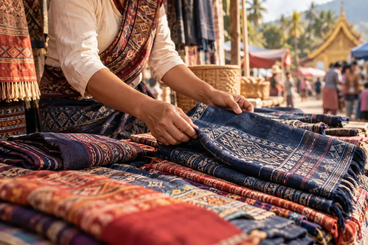 Textiles artisanaux présentés sur un marché au Laos