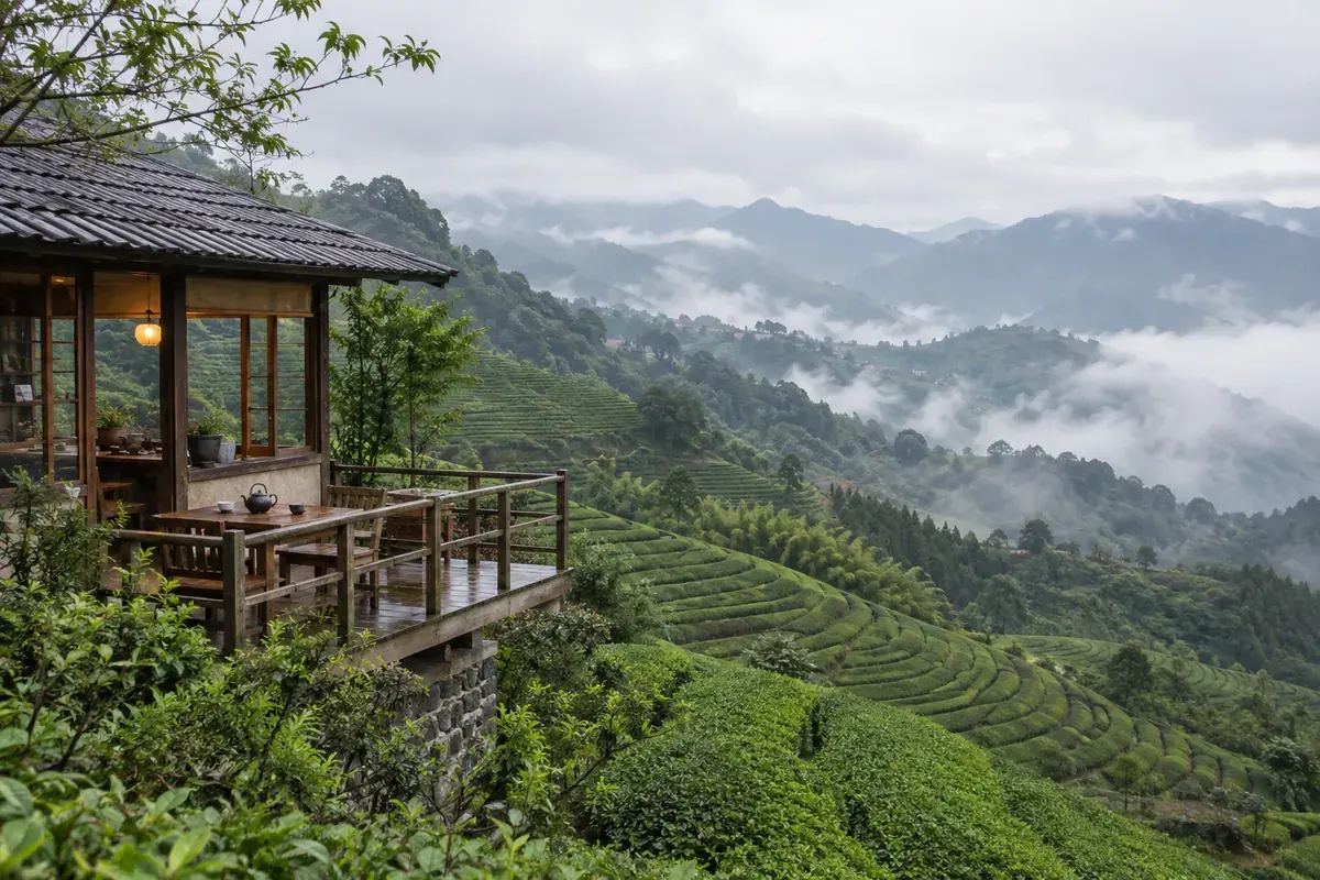 Maison de thé et collines verdoyantes à Taïwan