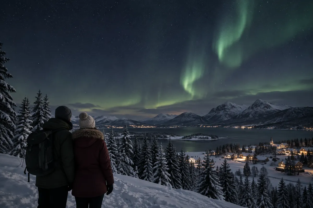 Voyageurs face aux aurores boréales au-dessus d’un paysage enneigé